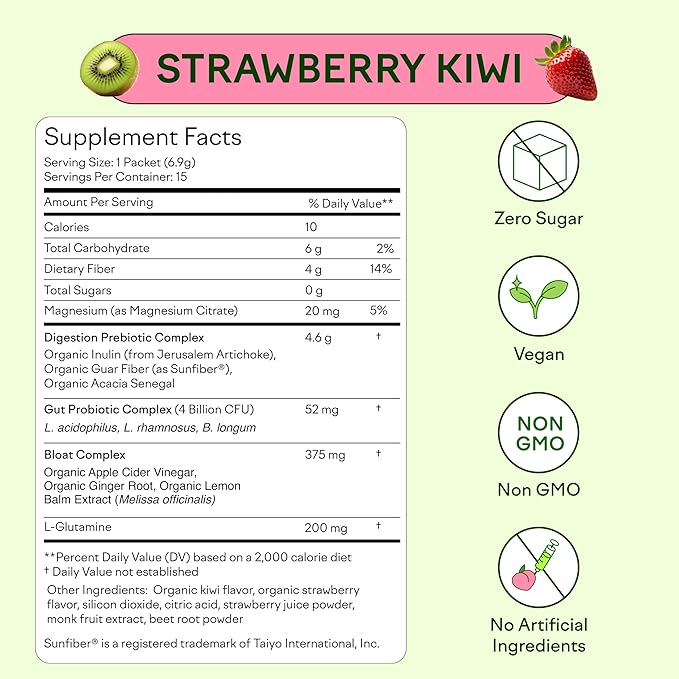 Feel Goods Gut Guardian, Prebiotic & Probiotic Powder, Organic Fiber, Sugar Free, Herbs for Bloat, Gut Health Support, Digestive Health for Men & Women, Non GMO, Vegan | Strawberry Kiwi, 15 Count