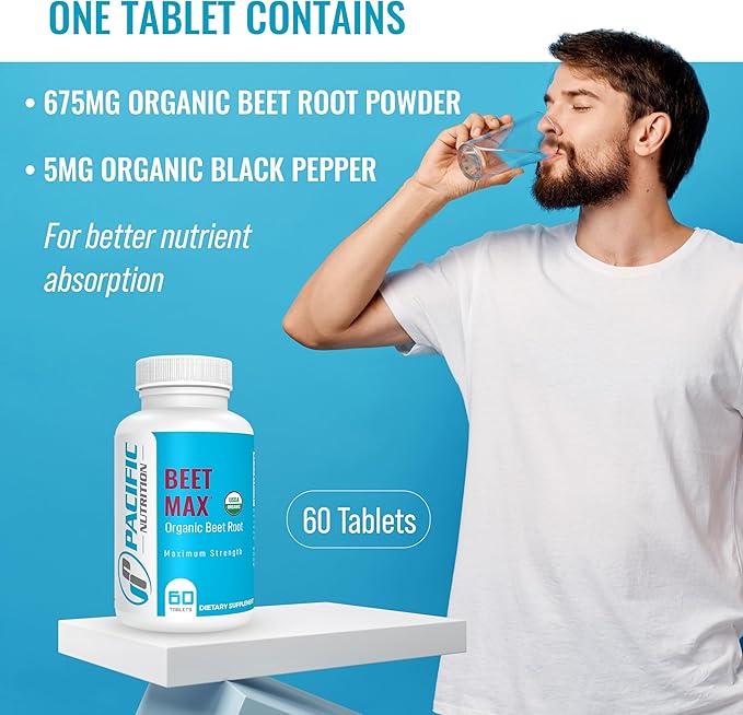 Beet Root Powder Supplement, 60 Tablets - 675mg Organic Beet Powder for Stamina & Energy Support, Brain Health Boost & Normal Blood Pressure Support - Made in The USA - Beet Max