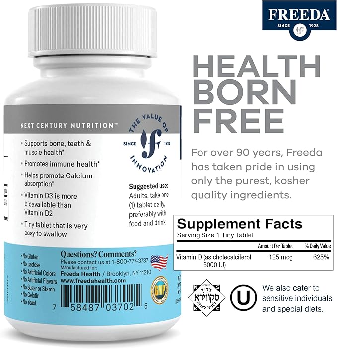 FREEDA Vitamin D3-5000 IU - Pure High Potency Kosher Supplement Tablets - Bone and Muscle Health, Calcium Absorption, Immune Support for Men and Women* - 250 Count