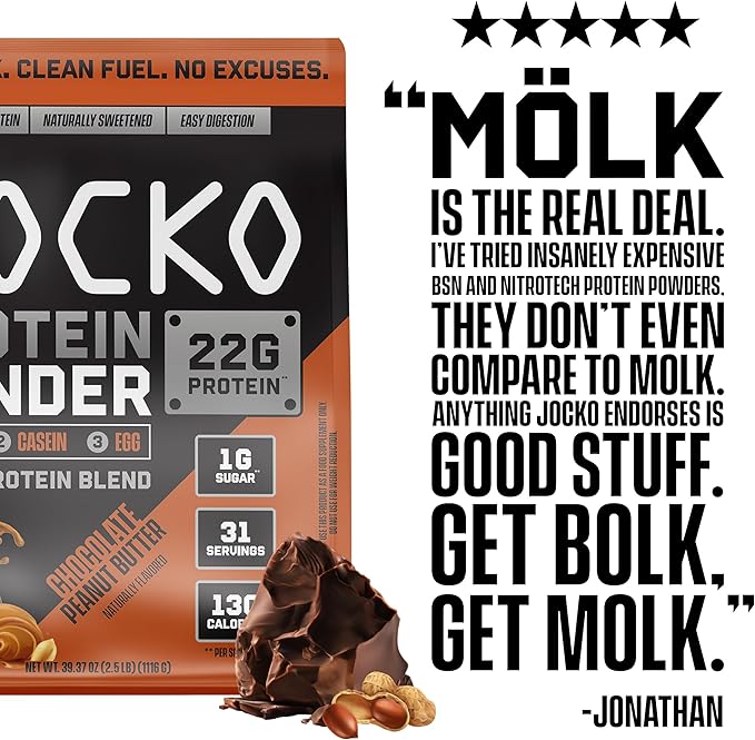Jocko Mölk Whey Protein Powder 22g Sugar Free Monk Fruit Blend - Muscle Recovery & Growth, Packaging May Vary (31 Servings, Chocolate Peanut Butter)