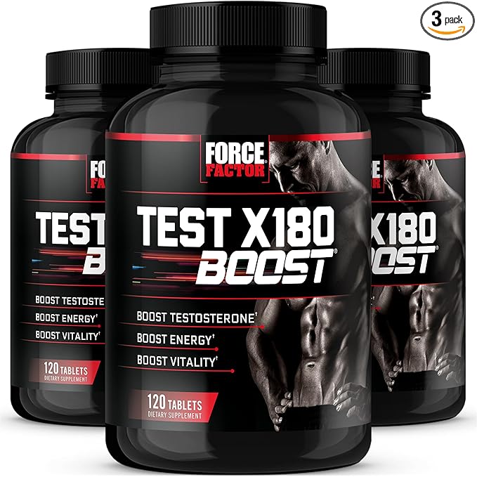 Force Factor Test X180 Boost, Testosterone Booster and Energy Supplement for Men, Boost Energy, Increase Stamina, and Enhance Vitality, with D-Aspartic Acid and Fenugreek, 120 Count (Pack of 3)