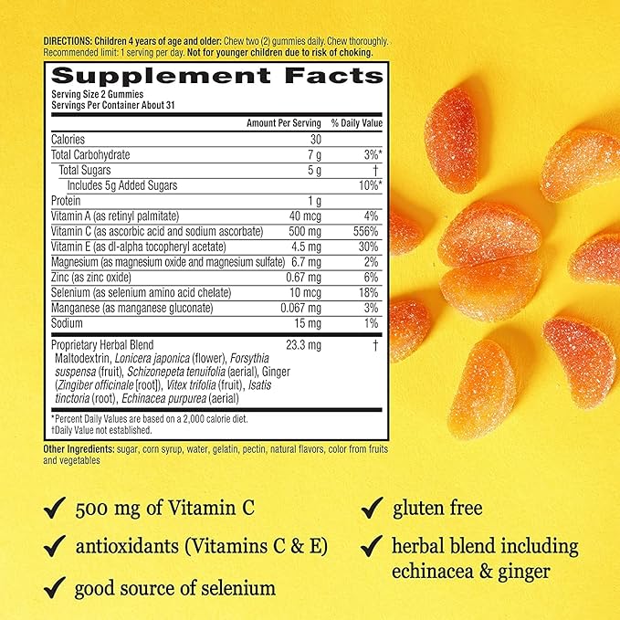 Airborne Kids 500mg Vitamin C Gummies, Kids Immune Support Zinc Gummies with Powerful Antioxidants VIT C & E - 63 Gummies, Assorted Fruit Flavor (Pack of 4)