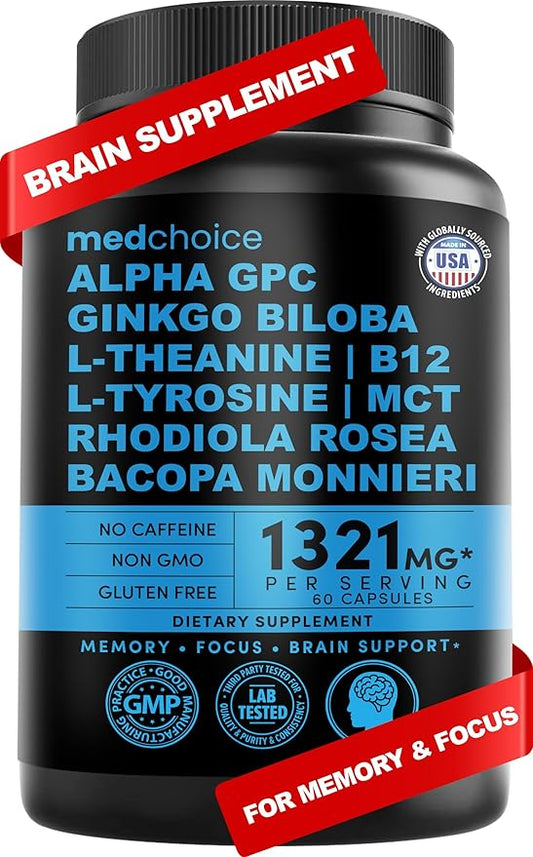 11-in-1 Nootropic Brain Supplements: Memory & Focus Supplement with Ginkgo Biloba, L Theanine, Bioperine, & Alpha GPC Choline - 1321mg, 60ct - Stimulant Free, Vegan - Focus Brain Support (1 pack)
