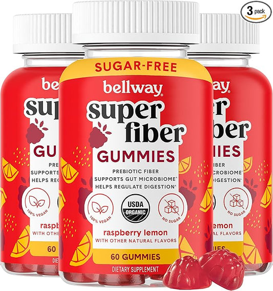 Bellway Super Fiber Gummies for Adults (3 Pack) - Sugar Free Organic Fiber Supplement Gummies with 4g of Fiber per Serving - Prebiotic Chicory Root Fiber for Gut Health, Raspberry Lemon, 180 Count