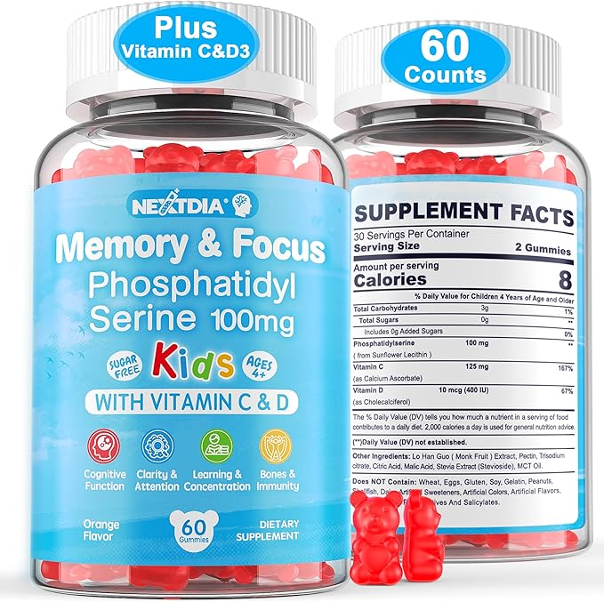Phosphatidylserine Supplement 100mg, Focus Gummies for Kids Teens + Vitamin C & D3 400IU, Sugar Free Kids Brain Gummies Increase Attention & Concentration, Chewable, Vegan, Gluten Free, Non-GMO 60Cts