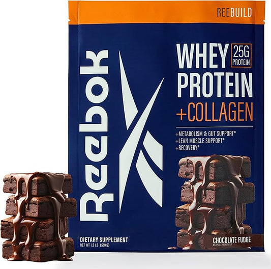 Reebok ReeBuild Whey Protein + Collagen | 25g Protein, 9 Essential Amino Acids | Muscle Growth, Joint Health, Gut Support | Post Workout Recovery Powder | Chocolate Fudge