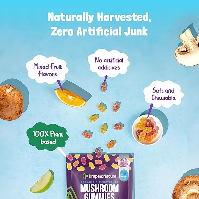 Ashwagandha and Lions Mane Mushroom Supplement Gummies - Organic - Reishi, Cordyceps, Turkey Tail, Maitake, Shitake, Chaga - Immune Defense, Boosts Cognitive Performance, Vegan, Low Carb