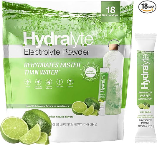 Hydralyte Low Sugar Rapid Rehydration - Lightly Sparkling Electrolyte Powder Packets, 16 oz Serve | Limeade Hydration Packets | Hydration for Heat, Travel Essential - Workout Essential (18 Count)