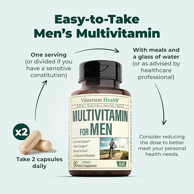 Multivitamin for Men - Daily Mens Multivitamins & Multiminerals with Vitamin A, C, D, E, B12, Zinc & More Essential Vitamins for Men - Mens Vitamins for Energy, Focus, and Mens Health. 60 Capsules