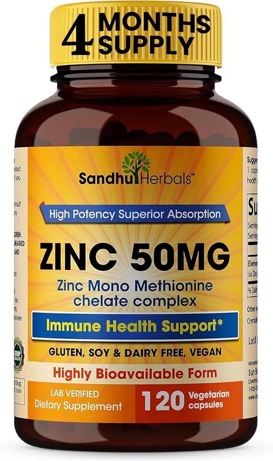 Zinc 50mg Supplement 120 Vegetarian Capsules, Zinc Highly Absorbable Supplements for Immune Support, Gluten Free