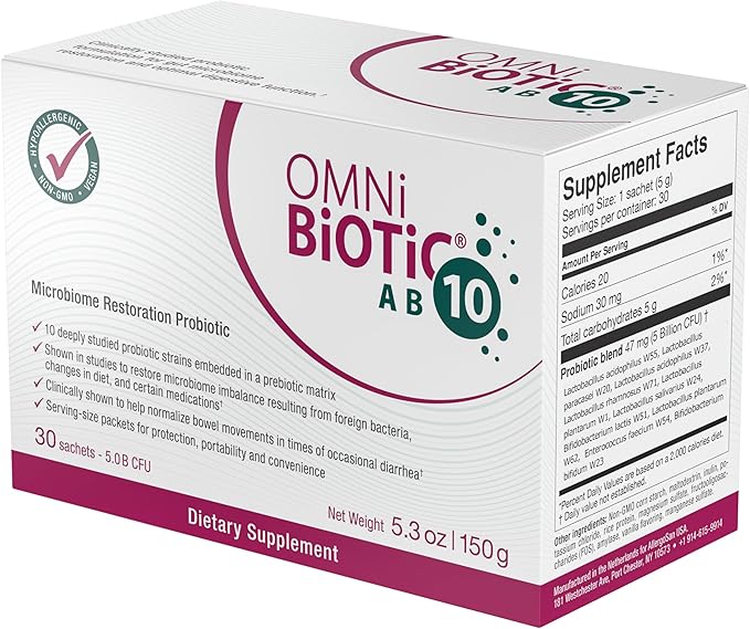 AB 10 - Clinically Tested Restorative Probiotic - Supports & Restores Gut Flora & Digestion - Digestive Probiotic for Diarrhea - Vegan, Hypoallergenic, Non-GMO (30 Daily Packets)