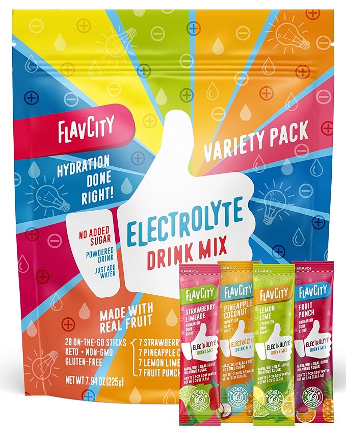 FlavCity Electrolyte Drink Mix, Variety Pack, 28 On-The-Go Stick Packs - Healthy Electrolytes Powder Packets Made with Real Fruit - Keto Powdered Drink with No Added Sugar, Gluten-Free