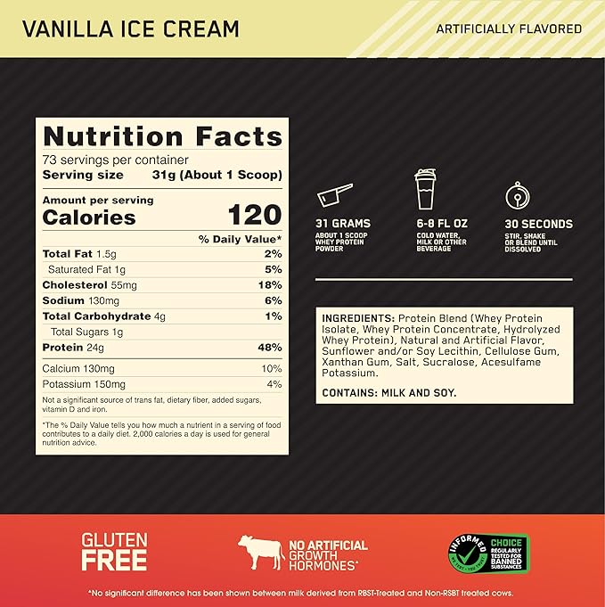 Optimum Nutrition Gold Standard 100% Whey Protein Powder, Vanilla Ice Creme, 5 Pound (Packaging May Vary)