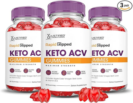 (3 Pack) Rapid Ripped Keto ACV Gummies Advanced Formula 1000MG Rapidripped Keto Gummies Apple Cider Vinegar Formulated with Pomegranate Beet Juice Powder B12 Vegan Non GMO 180 Gummys