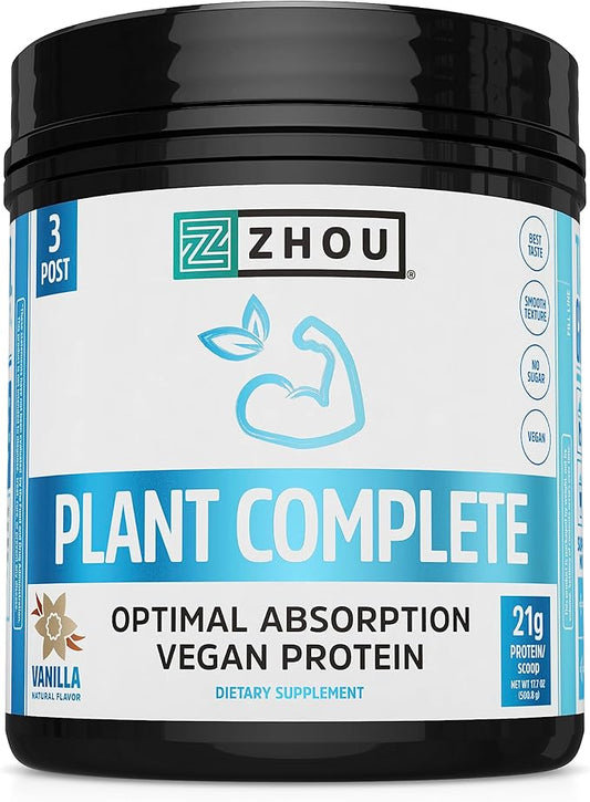 Zhou Nutrition Plant Based Vegan Protein Powder, Best Absorption Digest Score, Complete Amino Acid Profile, Dairy Free, Soy Free, Gluten Free, Sugar Free, Vanilla, 21g Protein, 16 Servings