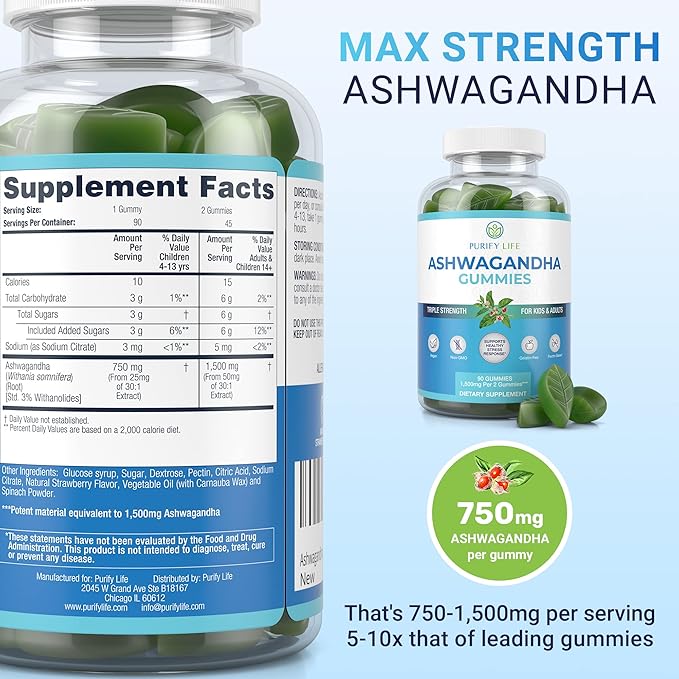 Ashwagandha Gummies (Max Strength - 750mg/Gummy) (90ct - Up to 3 Month Supply) Support Calm Mood, Relaxation & Cognitive Support - Ashwagandha Gummies for Women Ashwagandha Gummies for Men