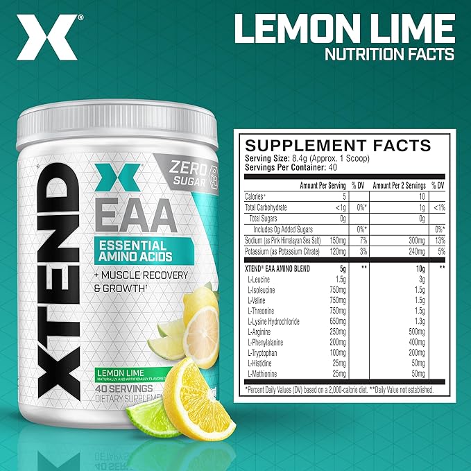 Scivation XTEND EAA + BCAA Powder | Muscle Recovery & Lean Muscle Growth | 9 Essential Amino Acids for Intra Workout or Post Workout Recovery | 10g EAAs Per 2 Servings | Lemon Lime 40 Servings