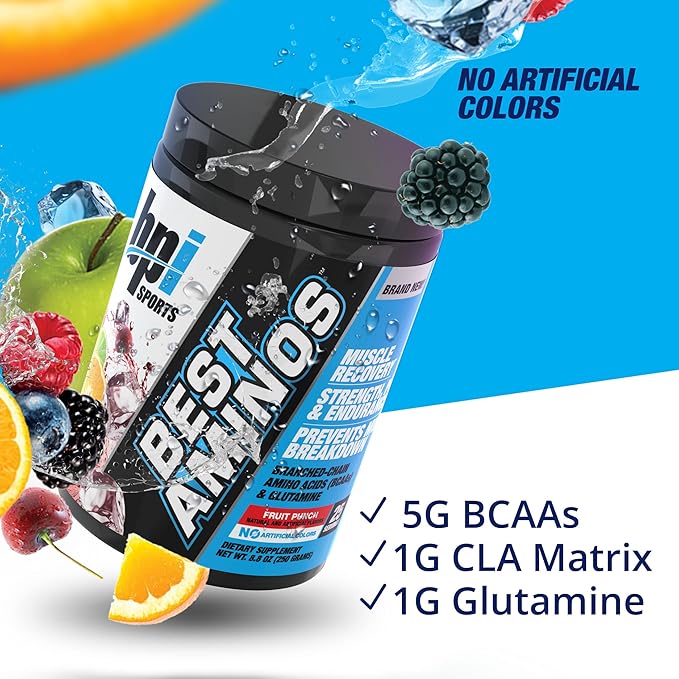 BPI Sports Best Aminos - BCAA Powder Post Workout & Glutamine Recovery Drink with Branched Chain Amino Acids for Hydration & Recovery, for Men & Women - Fruit Punch - 25 Servings (Pack of 5)
