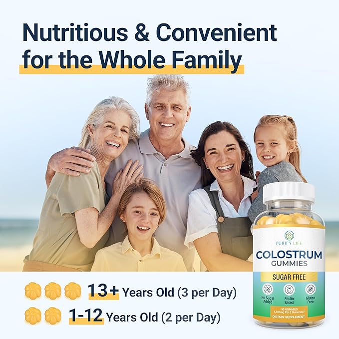 Sugar-Free Colostrum Gummies (1500mg) Bovine Colostrum for Humans, Grass-Fed Colostrum Supplement for Gut Health, Leaky Gut Repair, Immune Support, Skin Health - 35% IgG Per Serving