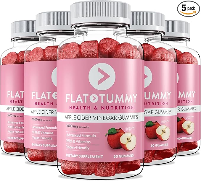 Flat Tummy Apple Cider Vinegar Gummies, 60 Count (5 Pack) – ACV Gummies, Detox, Support Gut Health – Vegan-Friendly, Non-GMO - Beet and Pomegranate Superfood Powders, Vitamins B6, B9 & B12