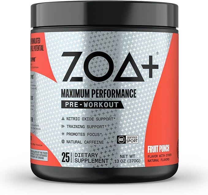 ZOA+ Zero Sugar Pre Workout Powder, Fruit Punch - NSF Certified for Sport with Electrolytes, Creatine, Beta Alanine, Ginkgo Biloba, 200mg Caffeine - 25 Servings