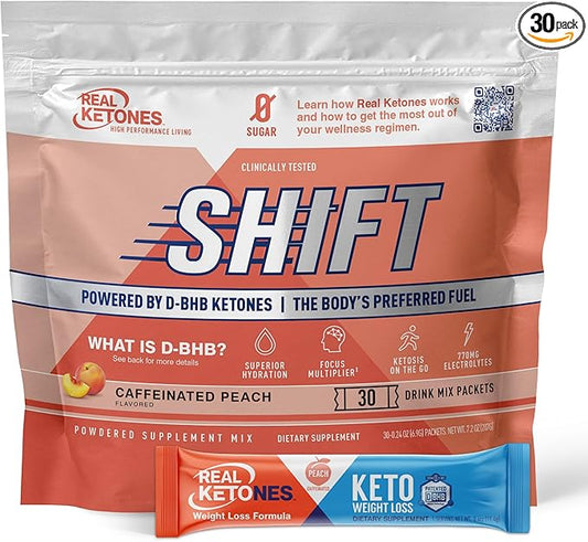 Real Ketones BHB Exogenous Ketones Drink Mix Packets Keto Electrolytes Powder Packets No Sugar with 4 Main Fasting Electrolytes Plus Hydrating Patented Keto BHB - 30 Count Peach Caffeine