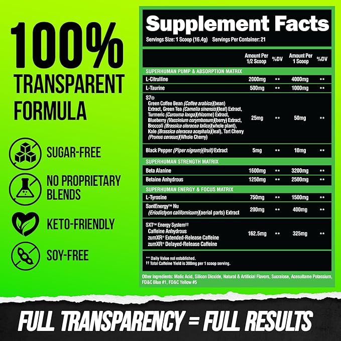 Alpha Lion Superhuman Pre Workout Powder, Beta Alanine, L-Taurine & Tri-Source Caffeine for Sustained Energy & Focus, Nitric Oxide & Citrulline for Pump (21 Servings, Green Gummy Bear Flavor)