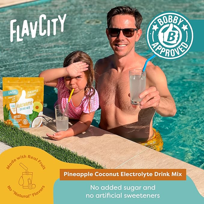 FlavCity Pineapple Coconut Electrolytes Drink Mix, 28 On-The-Go Stick Packs - Healthy Electrolytes Powder Packets Made with Real Fruit - Keto Powdered Drink with No Added Sugar, Gluten-Free