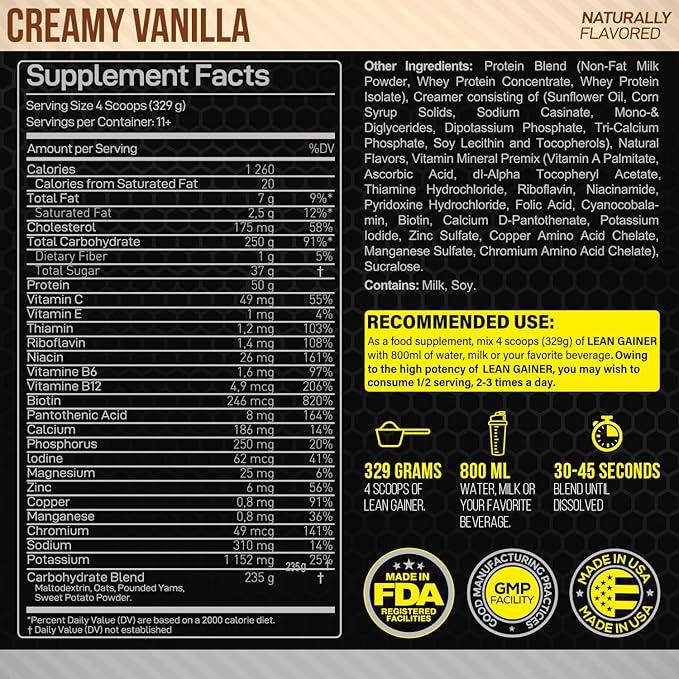 Forzagen Lean Gainer Premium Mass Builder | Mass Gainer Protein Powder for Men & Women | High Calorie Protein, Weight Gain, Bulk, Muscle Building Supplement | Vanilla, 8 lbs. (11 Servings)