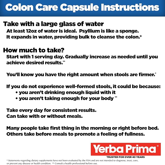 Yerba Prima Prebiotics Colon Care Fiber Caps, 180 Capsules - Five Forms of Fiber Plus FOS Pre-biotics - Dietary Health Supplement - Healthy Soluble & Insoluble Fibers for Regularity