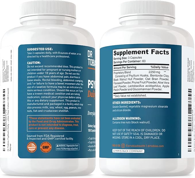 Dr. Tobias Psyllium Daily, Supports Healthy Bowel Movement, Psyllium Husk Capsules with Bentonite Clay, Flaxseed & Natural Ingredients, Daily Fiber Supplement in Support of Colon Health, 180 Capsules