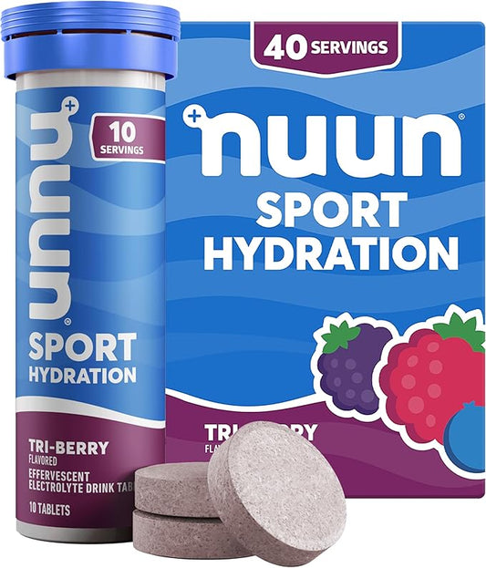 Nuun Sport Electrolyte Tablets - Dissolvable in Water, Tri Berry, 5 Essential Electrolytes for Hydration, 1g Sugar Drink Mix, Vegan, Non-GMO, 4 Pack (40 Total Servings)