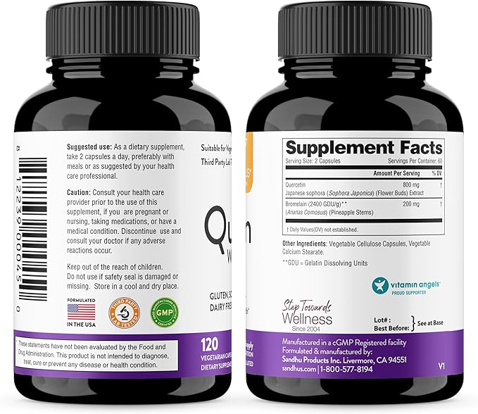 Sandhu's Quercetin with Bromelain 1000mg Per Serving 120 Count (Pack of 2) Vegetarian Capsules Bioflavonoids Supplement Complex Supports Immune, Cardiovascular & Respiratory Health