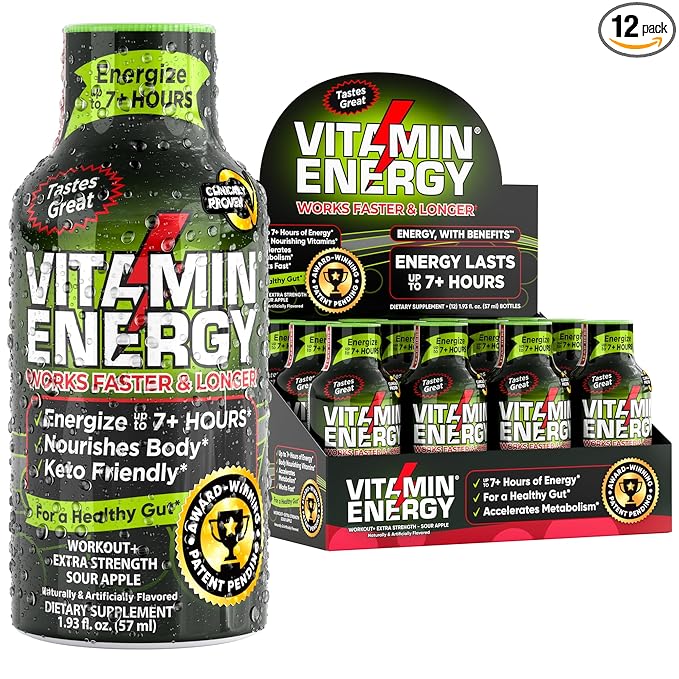 Vitamin Energy Pre Workout Drink - Keto Friendly Sugar Free Shots | Natural Clean Green Tea Caffeine with Proprietary Endurance Blend | Energize up to 7+ Hours - Sour Apple - 1.93 Fl Oz (Pack of 12)