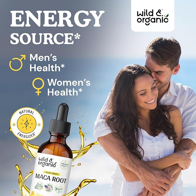 Wild & Organic Maca Root Drops for Women & Men - Supports Mood, Focus, Active Lifestyle - Alcohol Free Maca Tincture - Liquid Maca Root Supplement - Vegan, No Additives - 2 fl oz