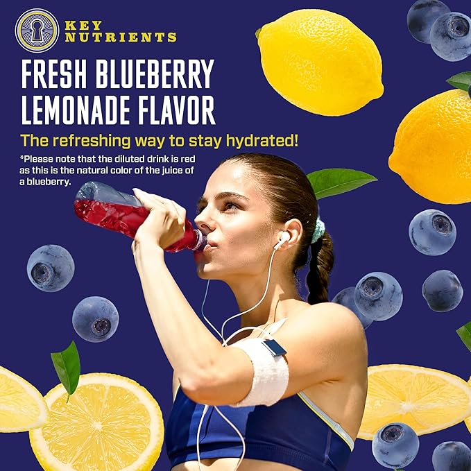 KEY NUTRIENTS Multivitamin Electrolytes Powder No Sugar - Fresh Blueberry Lemonade Electrolyte Powder - Endurance & Energy Supplement - Hydration Powder - No Calories - 90 Servings - Made in USA