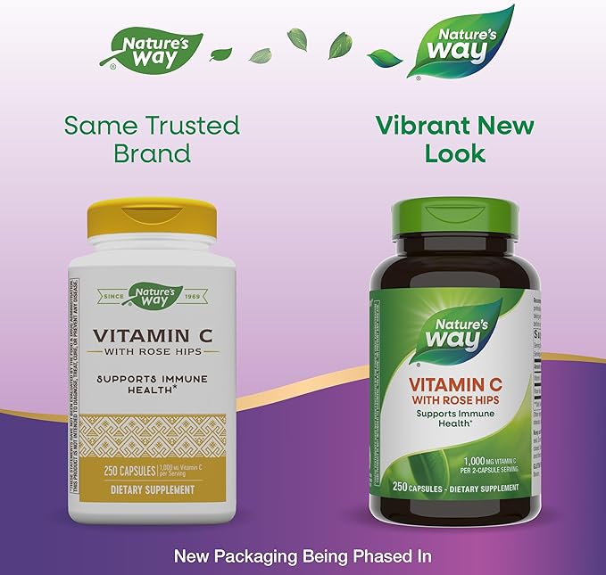 Nature's Way Vitamin C with Rose Hips, Powerful Antioxidant & Immune Function Support from Vitamin C*, Promotes Collagen for Healthy Skin*, 1,000 mg Vitamin C per 2-Capsule Serving, 250 Capsules