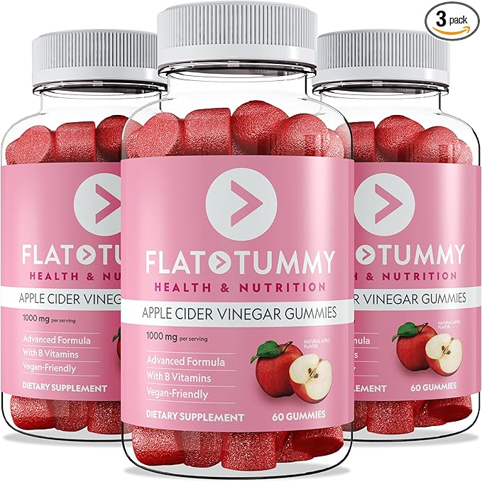 Flat Tummy Apple Cider Vinegar Gummies, 60 Count (3 Pack) – ACV Gummies, Detox, Support Gut Health – Vegan-Friendly, Non-GMO - Beet and Pomegranate Superfood Powders, Vitamins B6, B9 & B12