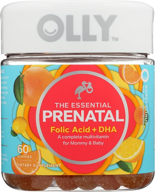 Olly The Essential Prenatal Gummy Multivitamin, 30 Day Supply ( Gummies), Sweet, Folic Acid, Vitamin D, Omega 3 DHA, Chewable Supplement, White Citrus, 60 Count (Pack of 1)