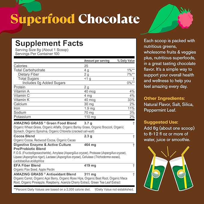Amazing Grass Greens Superfood Powder: Greens Powder with Digestive Enzymes & Probiotics, Organic Spirulina, Chlorella, and Beet Root Powder, Chocolate, 100 Servings
