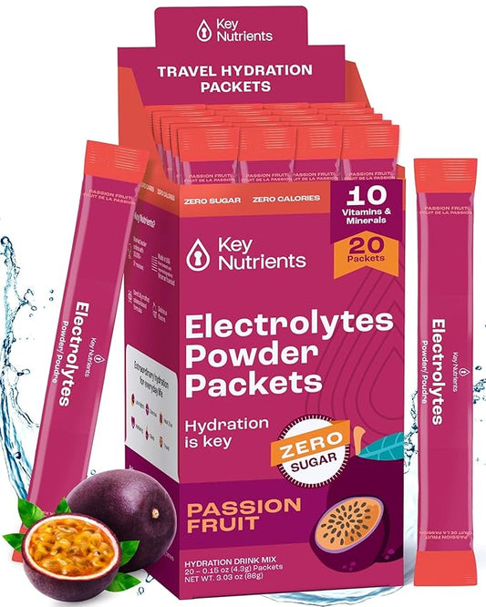 KEY NUTRIENTS Multivitamin Electrolytes Powder Packets - Delicious Passion Fruit 20 Pack Hydration Packets - Travel Hydration Powder - No Sugar, No Calories, Gluten Free - Made in USA