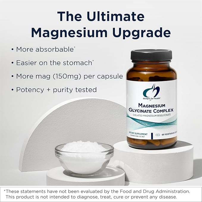 Designs for Health Magnesium Glycinate Complex - Chelated Magnesium Bisglycinate + High Absorption Magnesium Oxide for Heart Health, Immune Support & Bone Strength - Vegan (60 Capsules)