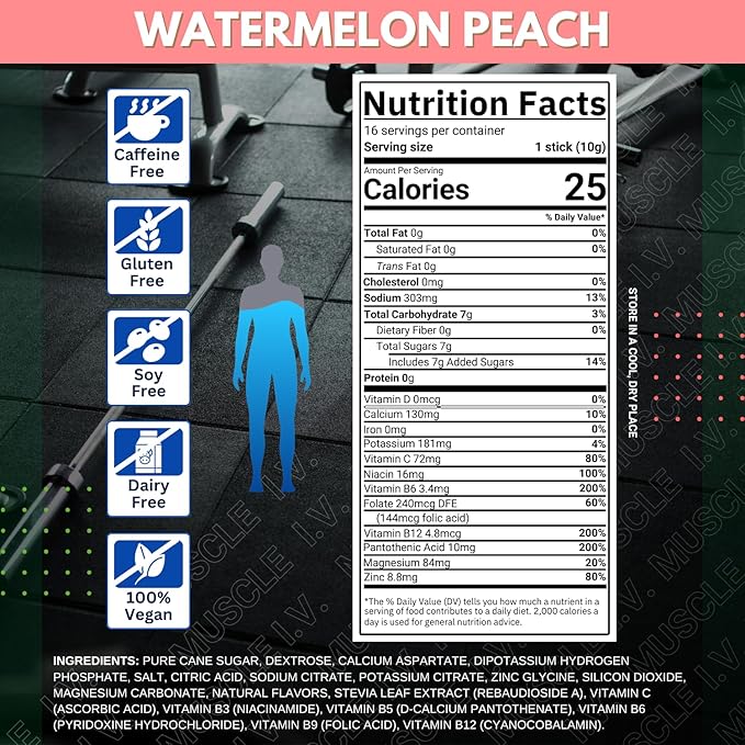 Hydration Electrolyte Drink Mix - Watermelon Peach - 16 Easy Open Single Serve Powder Sticks | Caffeine Free | Gluten Free | Soy Free | Non-GMO | 100% Vegan