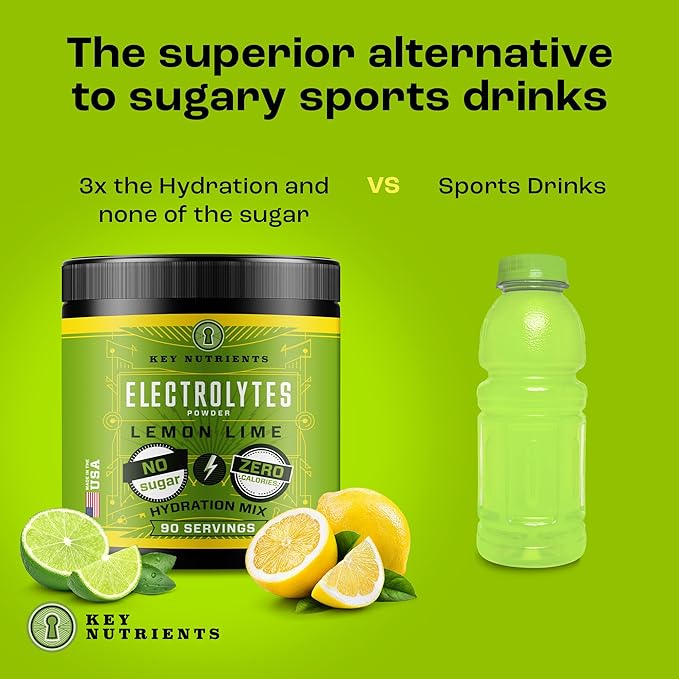 KEY NUTRIENTS Multivitamin Electrolytes Powder No Sugar - Refreshing Lemon Lime Electrolyte Powder - Endurance & Energy Supplement - Hydration Powder - No Calories - 90 Servings - Made in USA