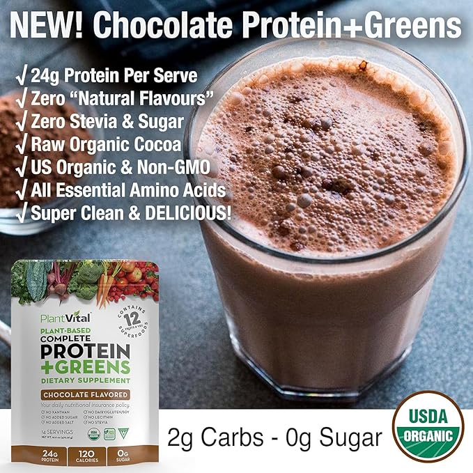Plantvital Vegan Protein Powder Plant Based - Organic Protein Powder Chocolate - 24g/0g Sugar, 18 Superfoods, Probiotics, Raw Cocoa, Pea, Gluten-Free, Keto-Friendly, 48oz