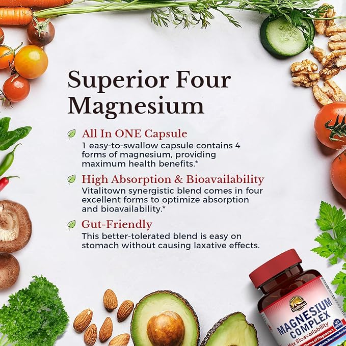 Vitalitown Magnesium Complex Supplement 500mg, Maximized Absorption, Non-Buffered, Chelated Magnesium Glycinate, Malate, Taurate & Citrate, for Sleep, Muscle, Energy & Heart, Vegan, Non-GMO, 240 Caps