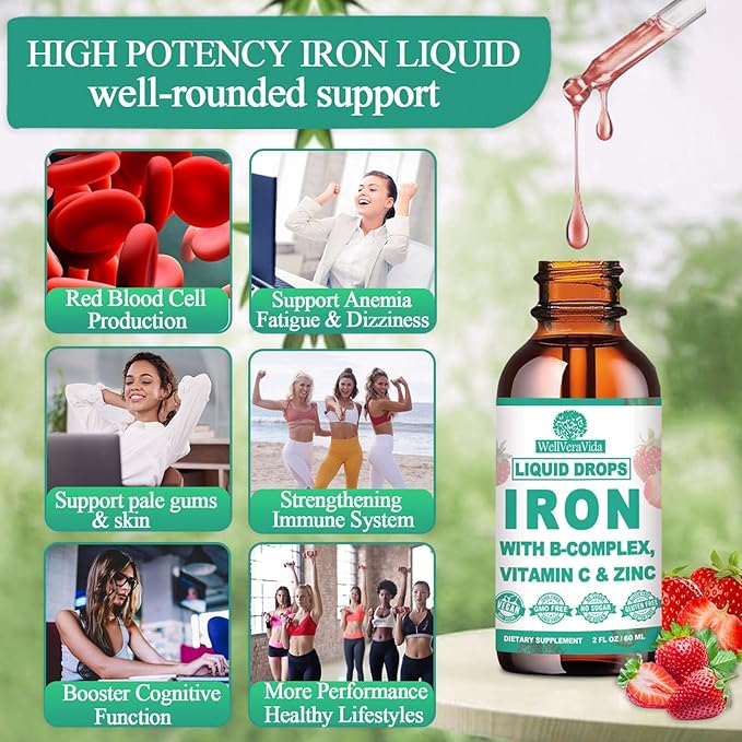 [𝟐 𝐏𝐚𝐜𝐤]Iron supplement for Women, Men & Kids, Liquid High Potency Iron w. Vitamin C, B12, B-Complex, Blood Builder Iron Supplements for Anemia, Fatigue, Red Blood Cell Support, Vegan, Gentle