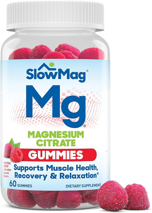 SlowMag Magnesium Citrate Gummies - Supports Muscle Health, Recovery & Relaxation, Natural Berry Flavored, 60 Count