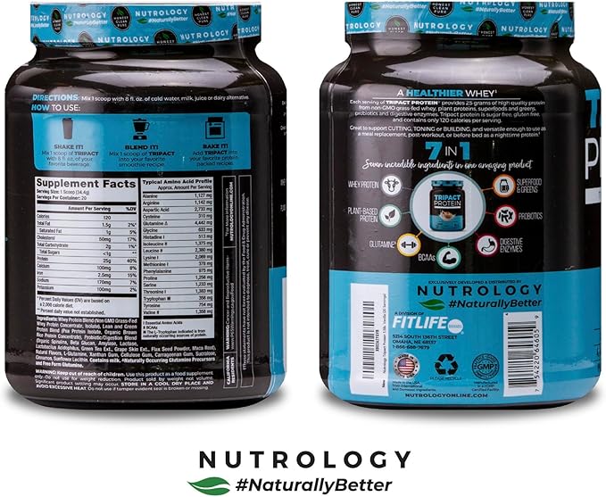 Nutrology TRIPACT Protein Powder, Vanilla Latte Cinnamon Flavor, 7-in-1 Meal Replacement Shake with Grass Fed Whey Protein Powder, Pea Protein Powder, Greens, Probiotics & BCAAs, 20 Servings