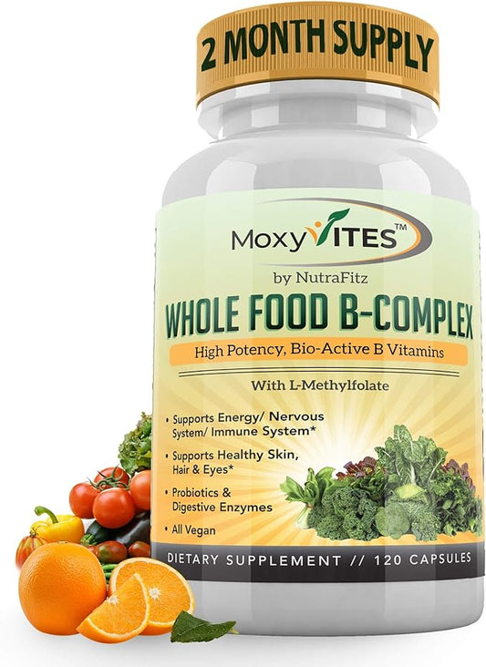 Vitamin B Complex - B Vitamins Whole Food Supplement, B12 Methylcobalamin, B1, B2, B3, B5, B6, B7, B9 - for Stress, Energy and Immune Support, Vegan, 120 Capsules